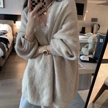 Getadme-Autumn Winter Thicken Warm Sweater Cardigan Women Japan Style Lazy Wind Soft Knit Cardigans Female Gray Khaki Loose Knitted Coat